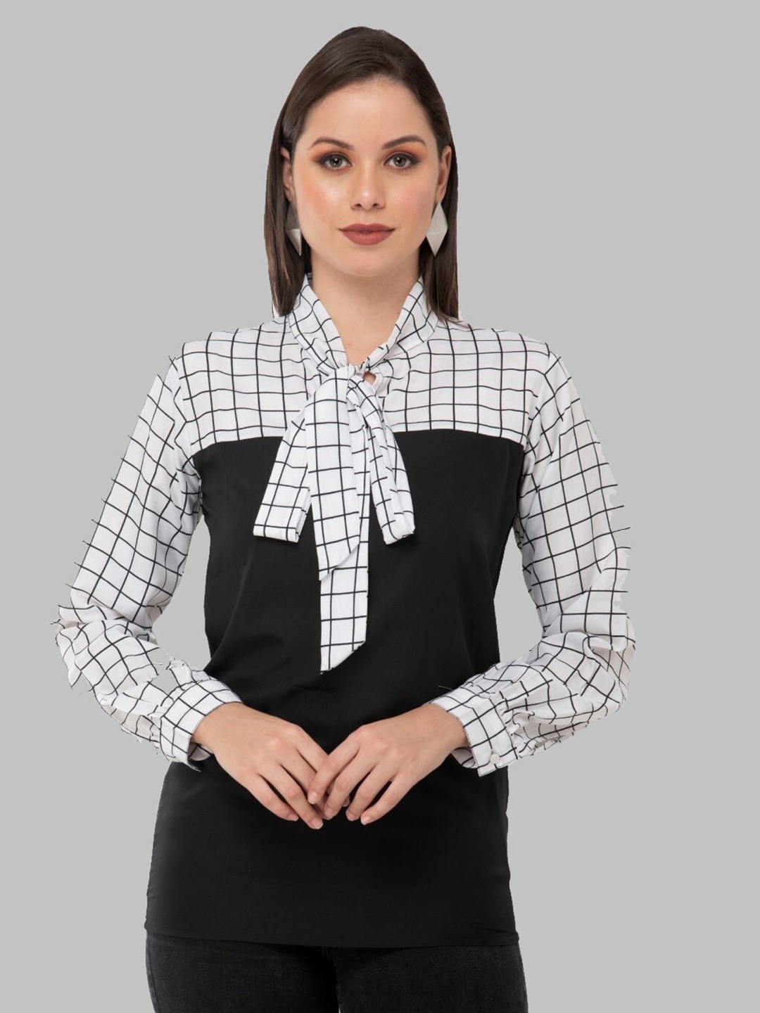

TAARAA Women White & Black Checked Tie-Up Neck Polyester Top