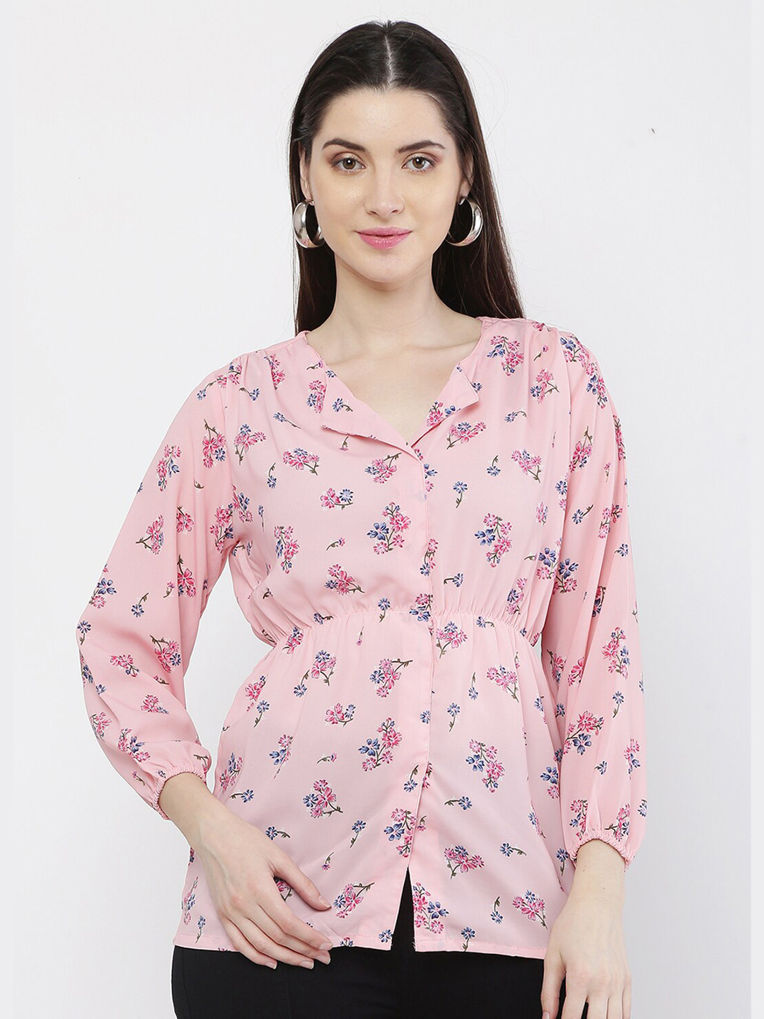 

WinEra Pink Floral Print Georgette Cinched Waist Top