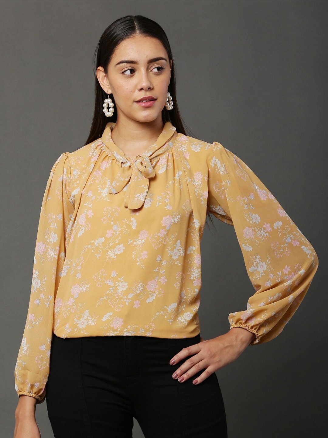 WinEra Women Yellow & White Floral Print Tie-Up Neck Georgette Top