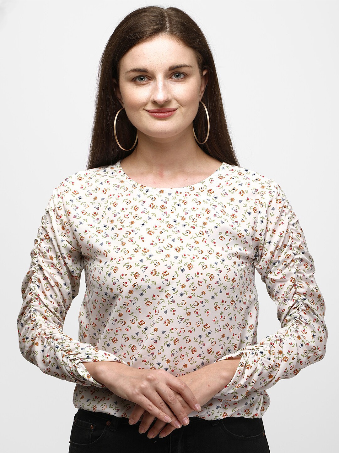 

WinEra Off White & Pink Floral Print Georgette Top