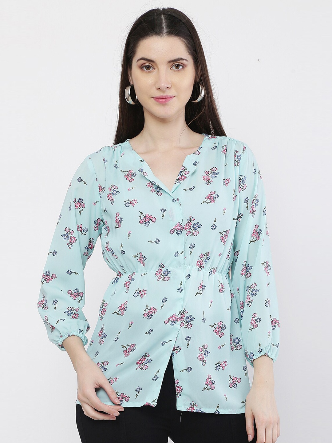 WinEra Women Blue Floral Print Georgette Top