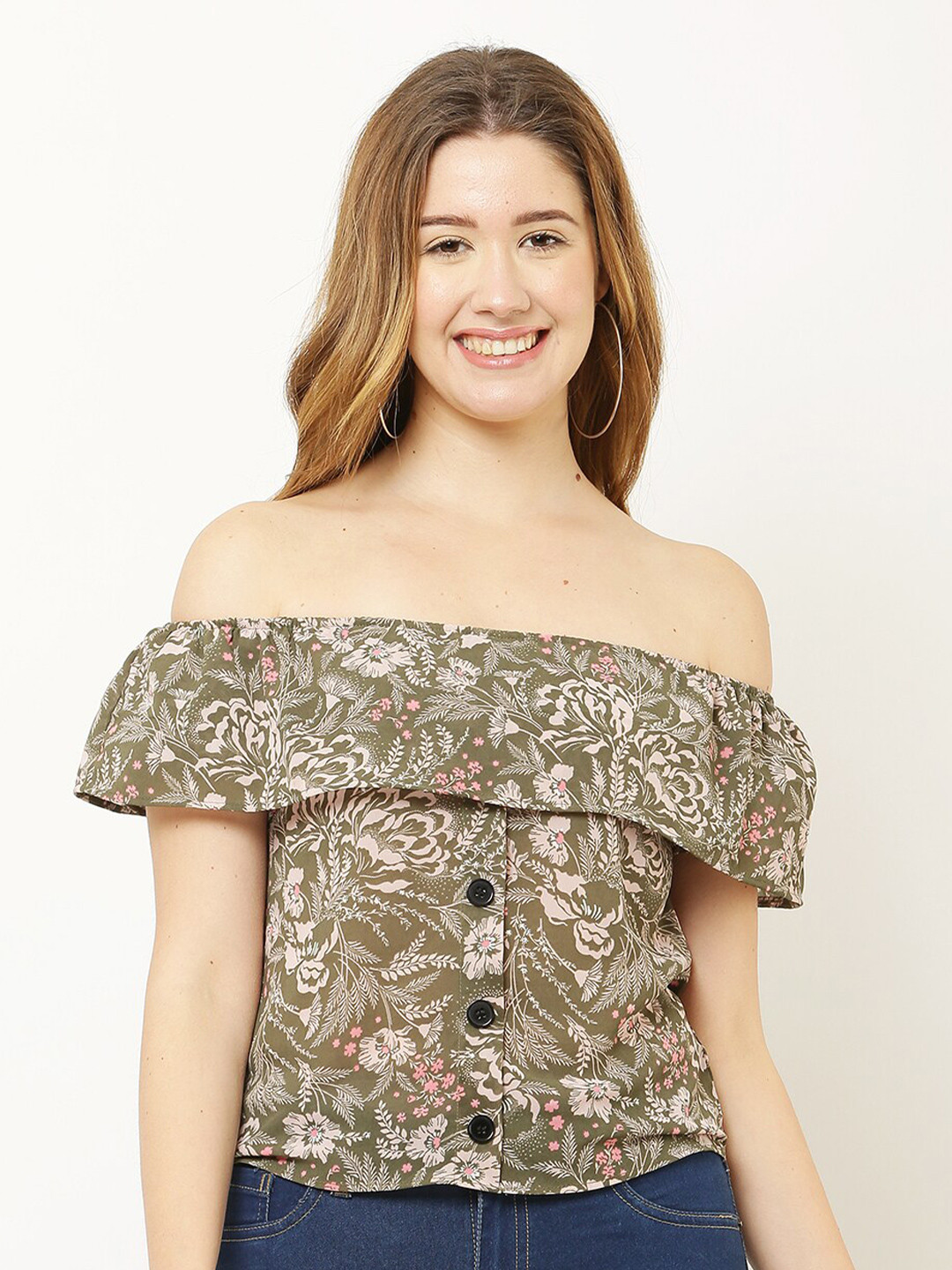 

WinEra Olive Green Animal Print Ruffles Chiffon Top