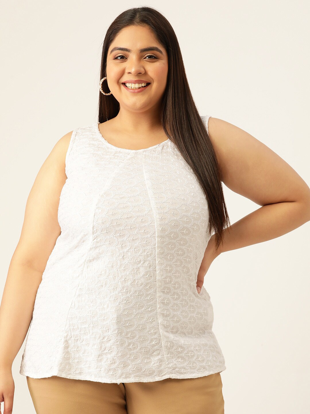 theRebelinme Plus Size Women White Embellished Sleeveless Top