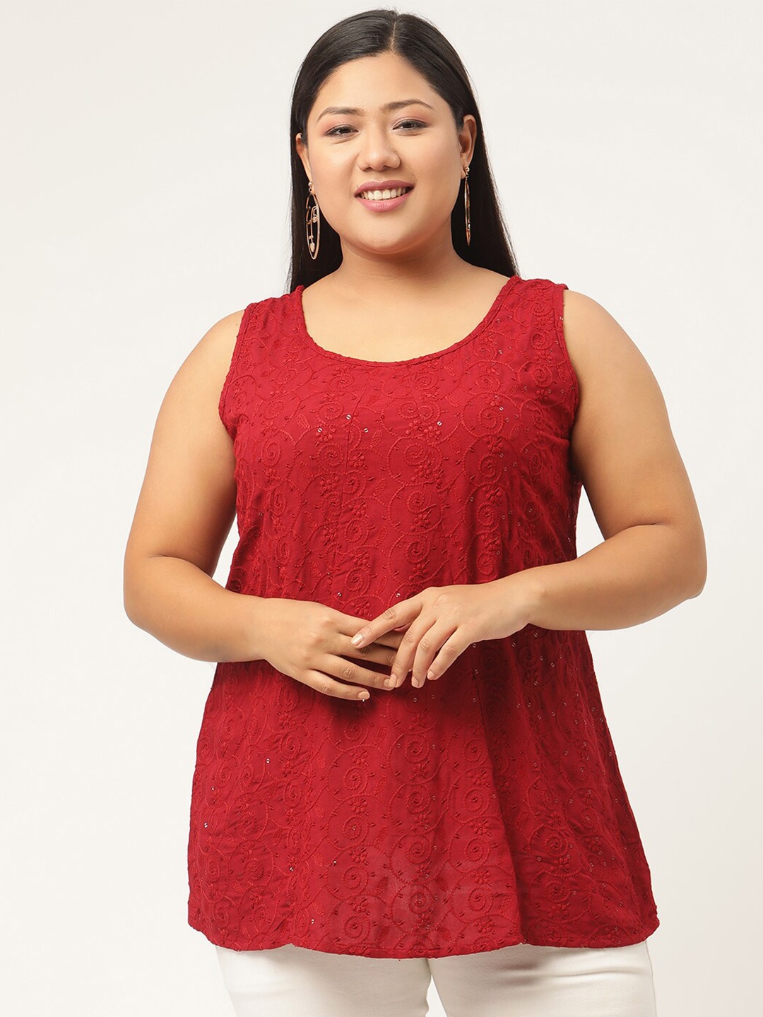 

theRebelinme Plus Size Women Red Embellished Sleeveless Top