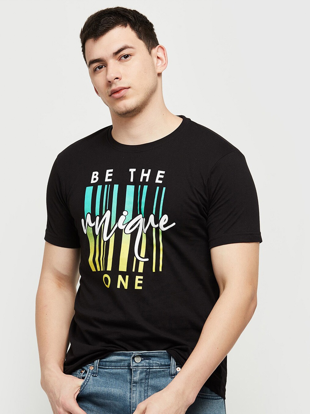 max Men Black Typography Printed Cotton T-shirt