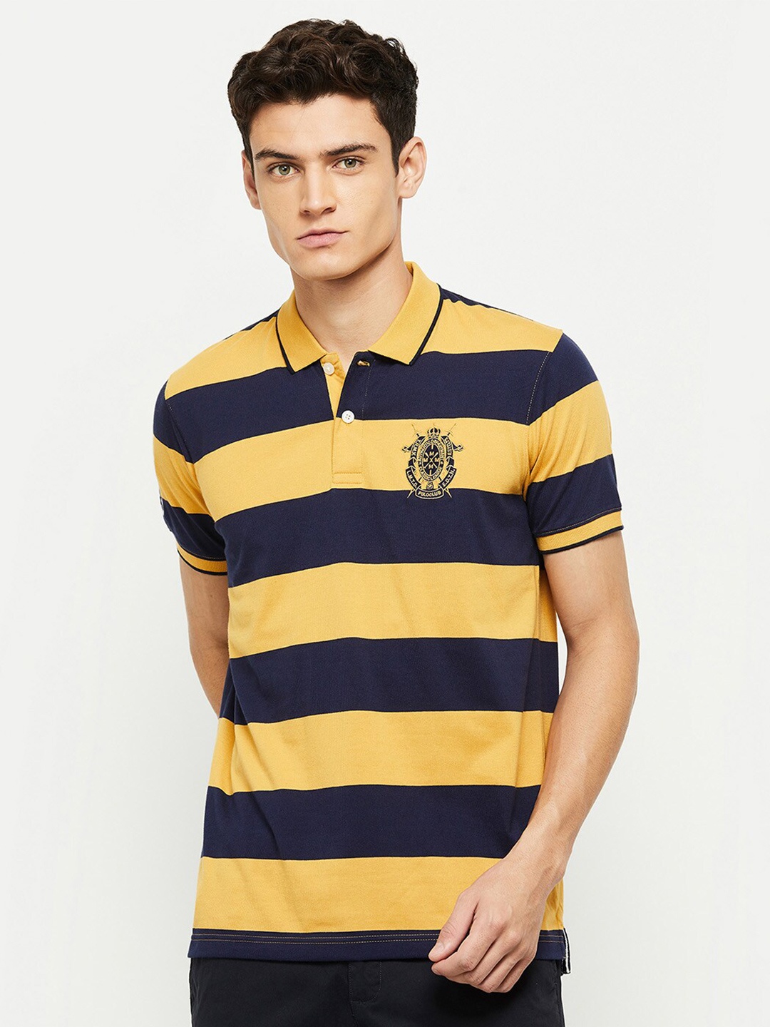 

max Men Mustard Yellow & Blue Striped Polo Collar T-shirt