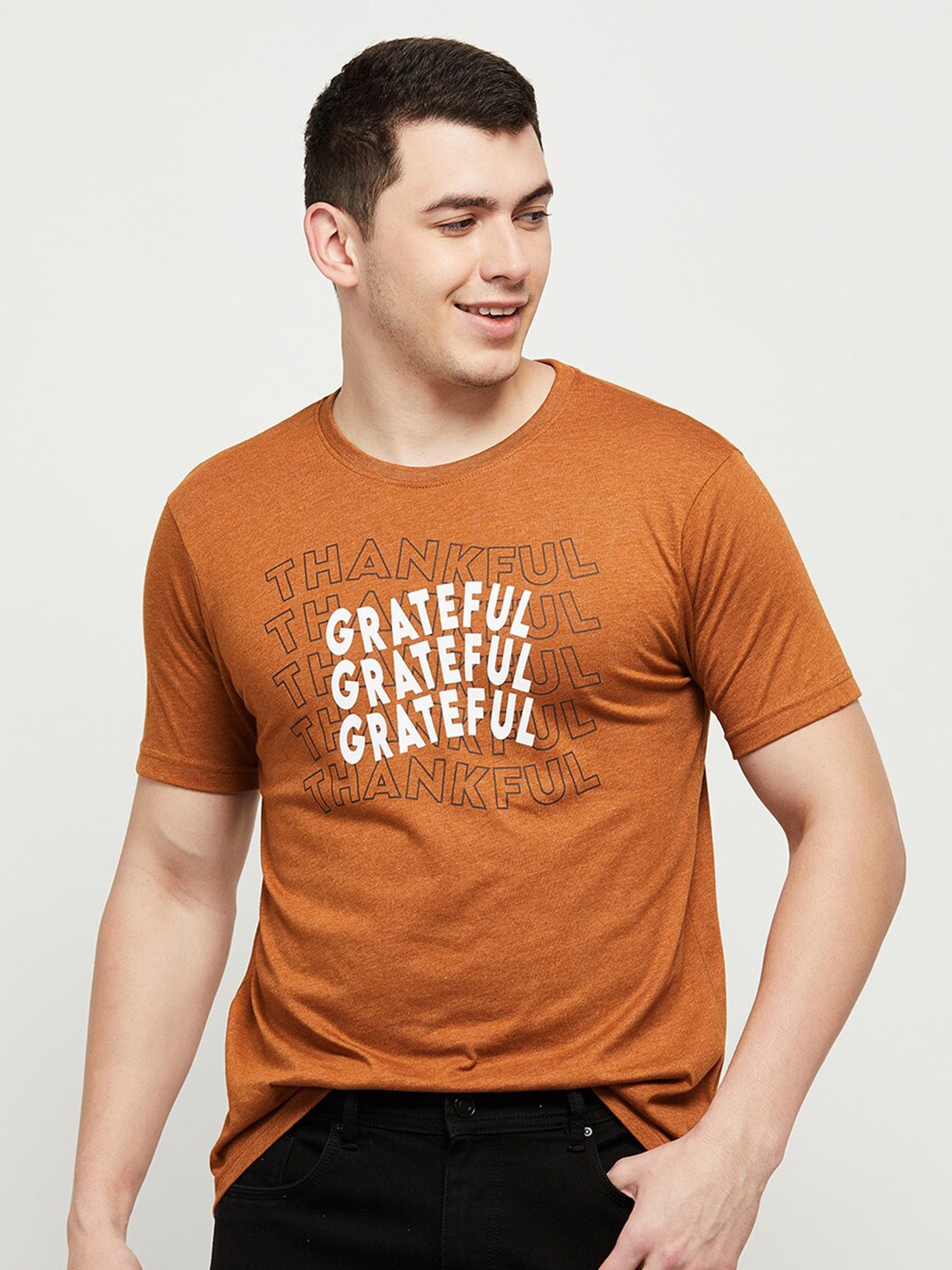 max Men Brown Typography Printed Cotton T-shirt