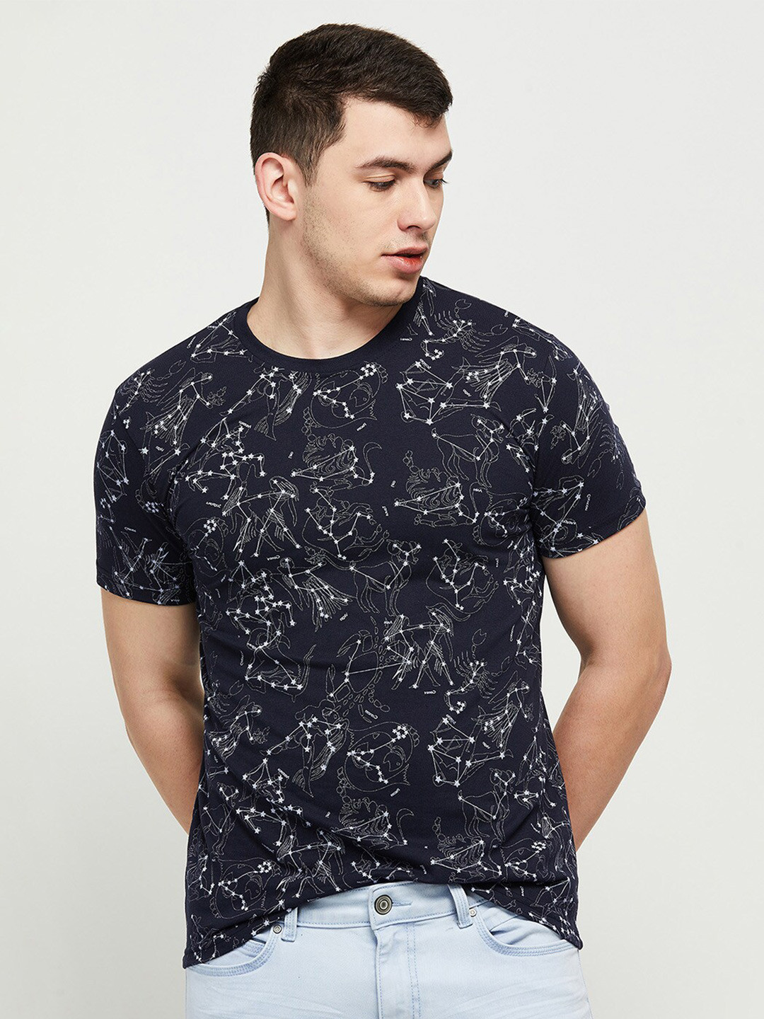 

max Men Navy Blue Printed T-shirt