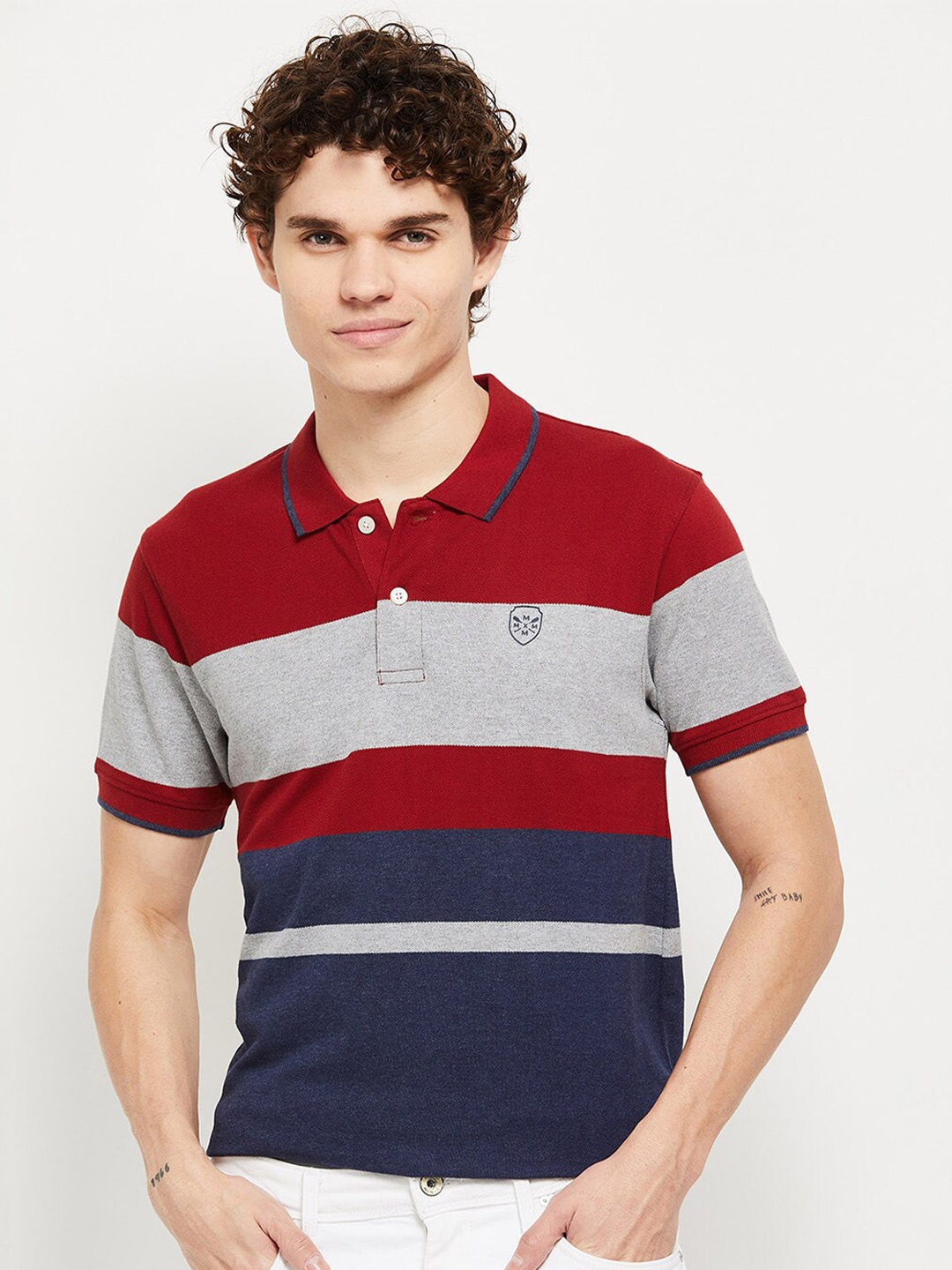 

max Men Red & Navy Blue Striped Polo Collar T-shirt