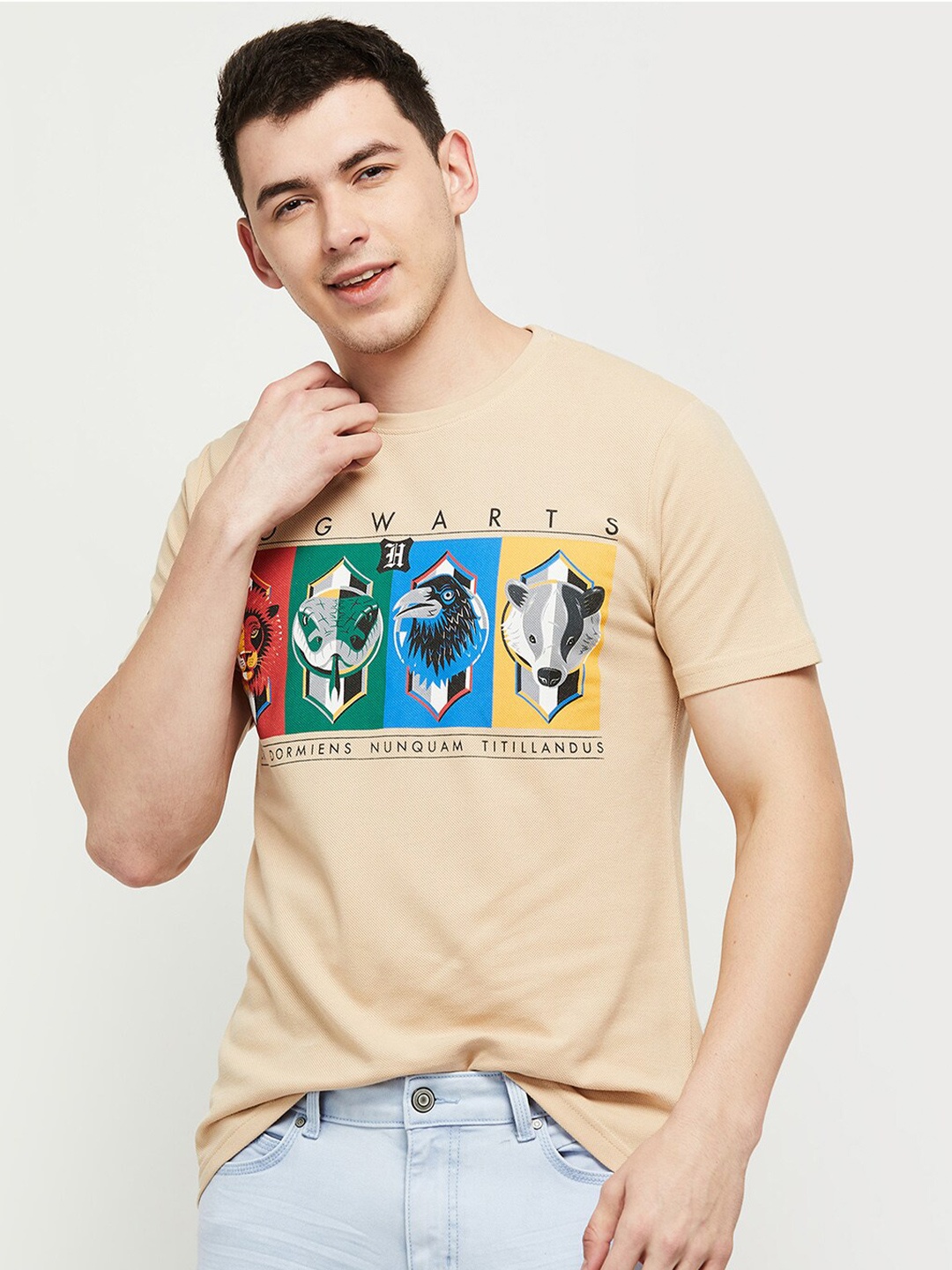 

max Men Beige Printed Cotton T-shirt