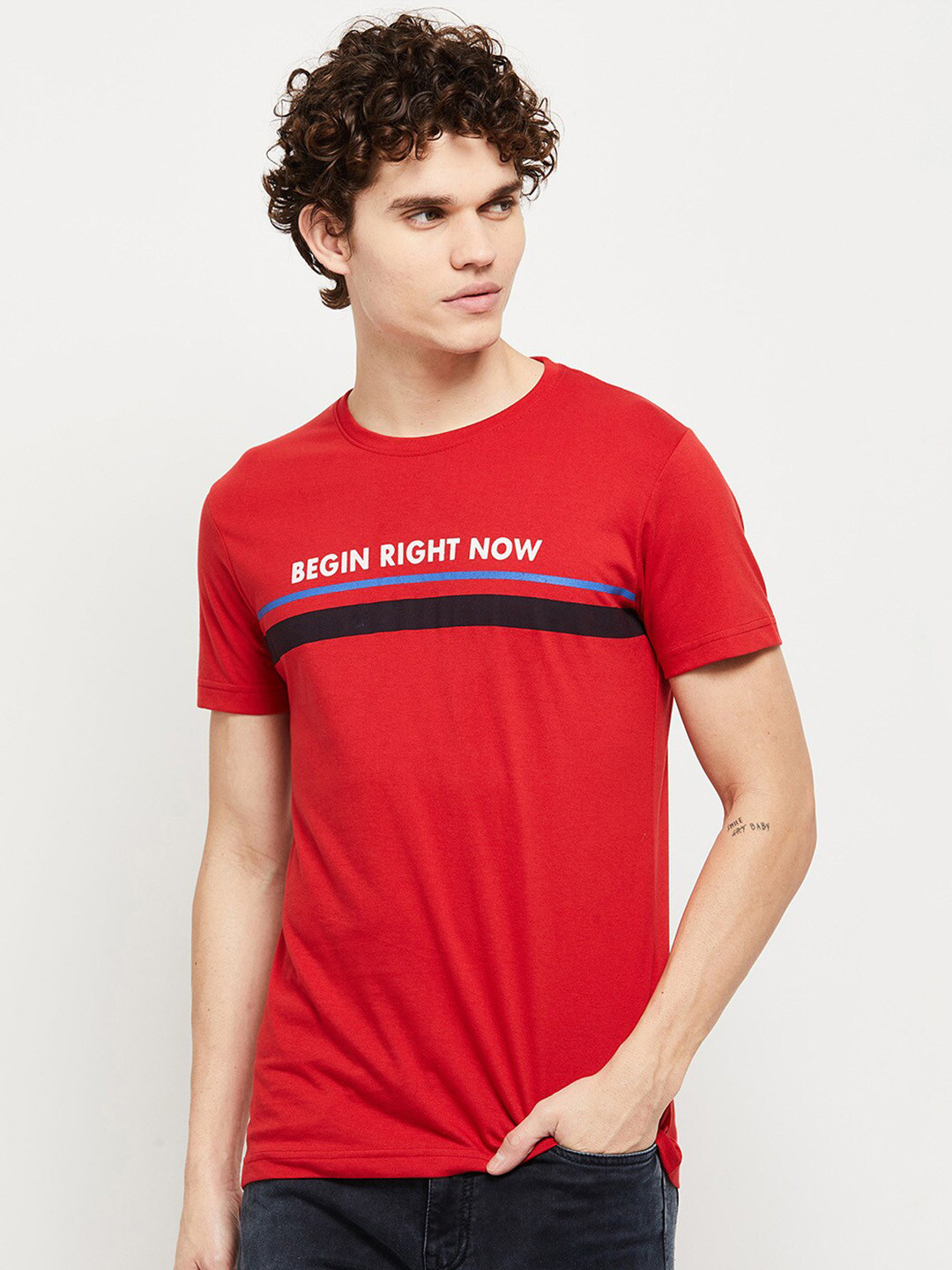 

max Men Red Typography Printed T-shirt