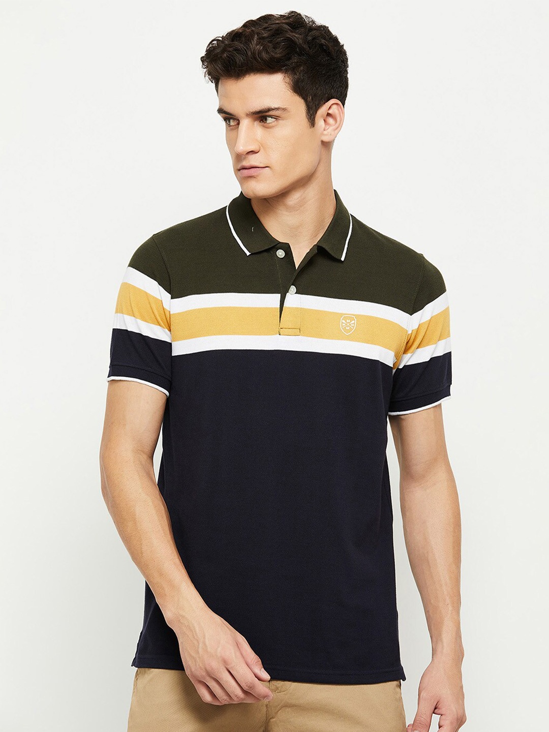 

max Men Green & Blue Striped Polo Collar T-shirt