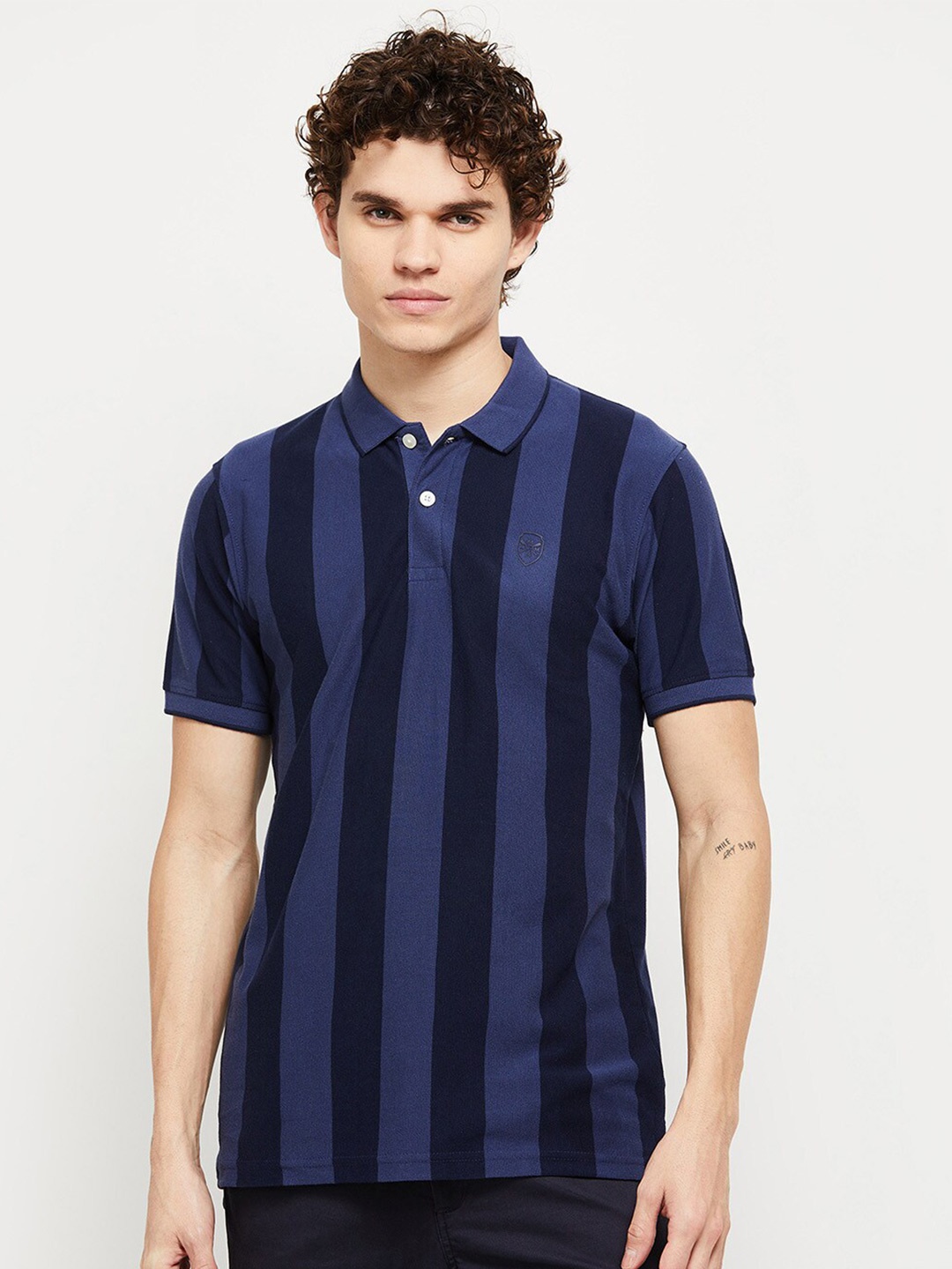 max Men Blue Striped Polo Collar T-shirt