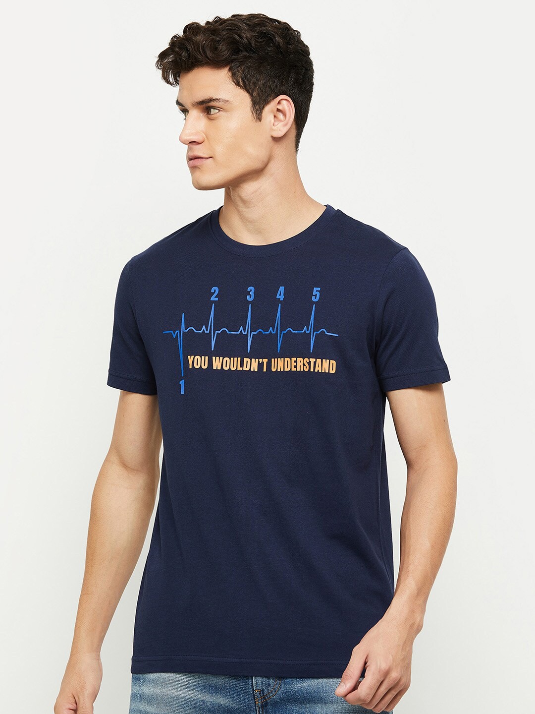 

max Men Navy Blue Typography Printed Cotton T-shirt