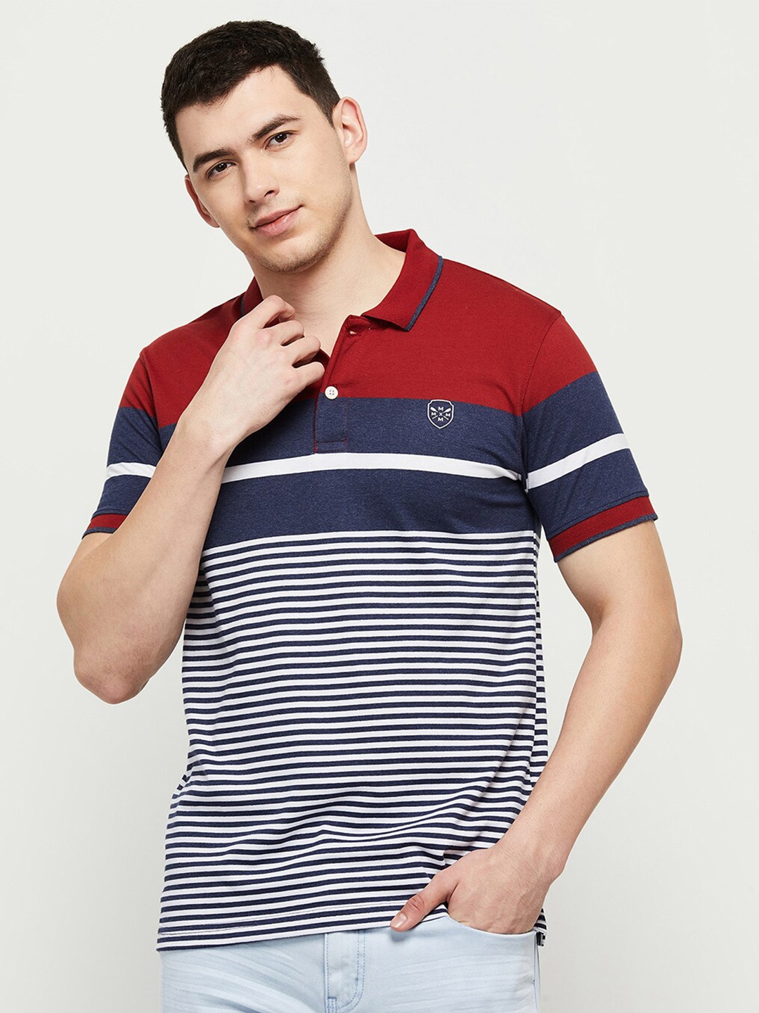 

max Men Red & Blue Striped Polo Collar T-shirt
