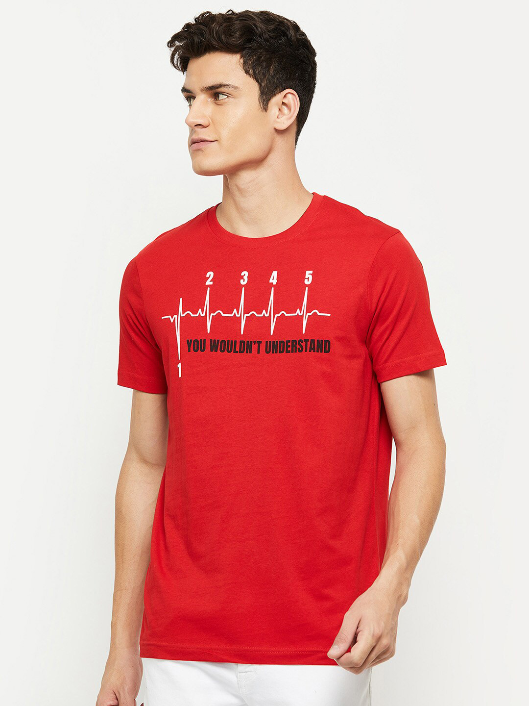 

max Men Red Typography Printed Cotton T-shirt