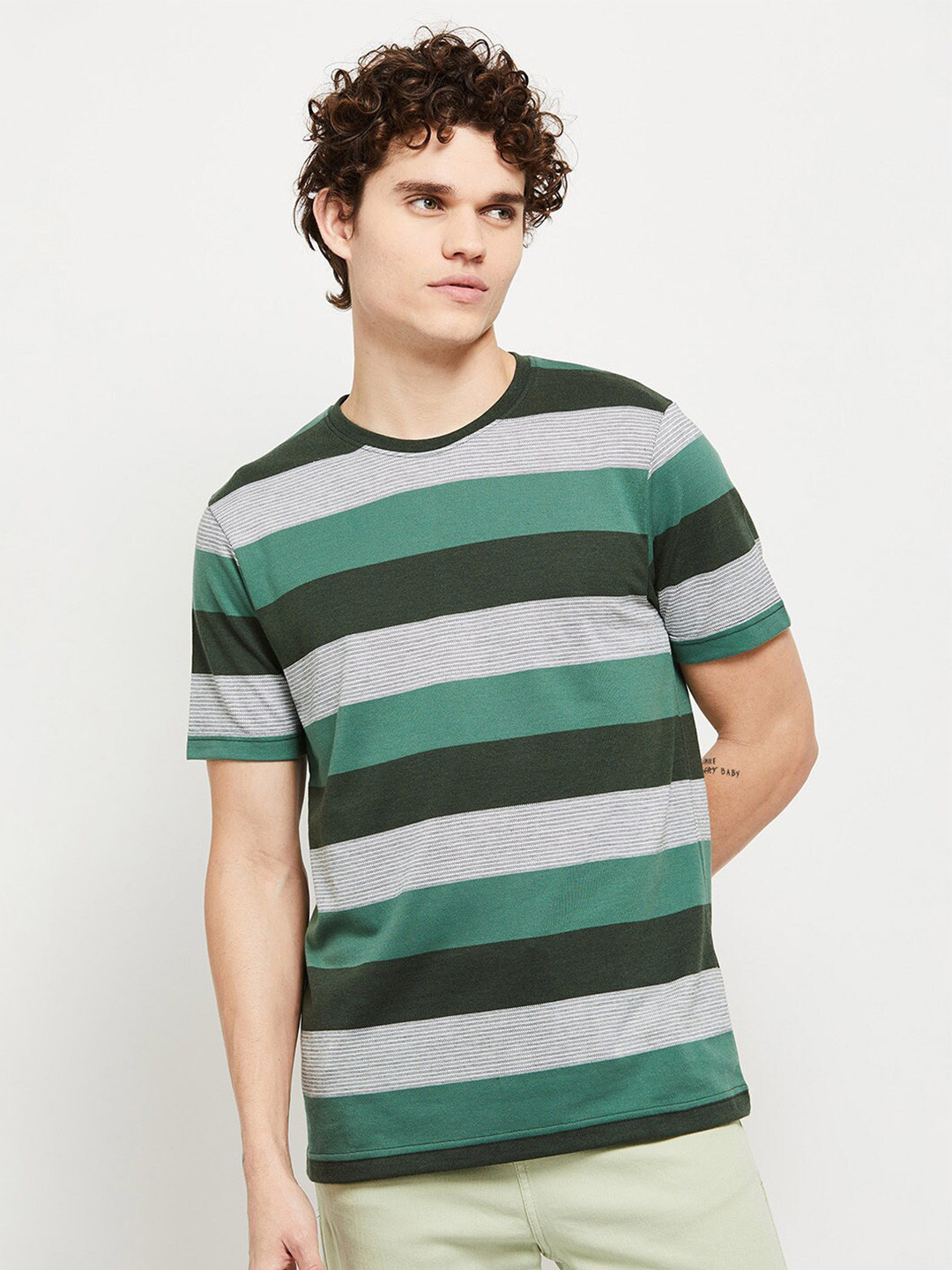

max Men Green & Grey Striped T-shirt