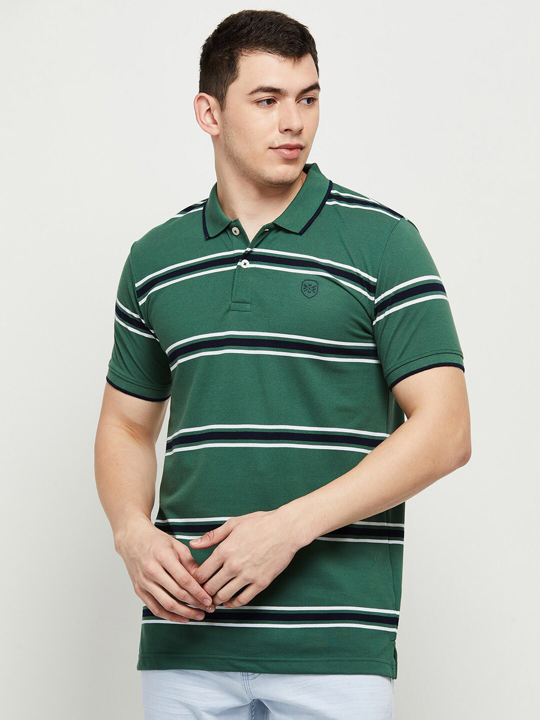 

max Men Green Striped Polo Collar T-shirt