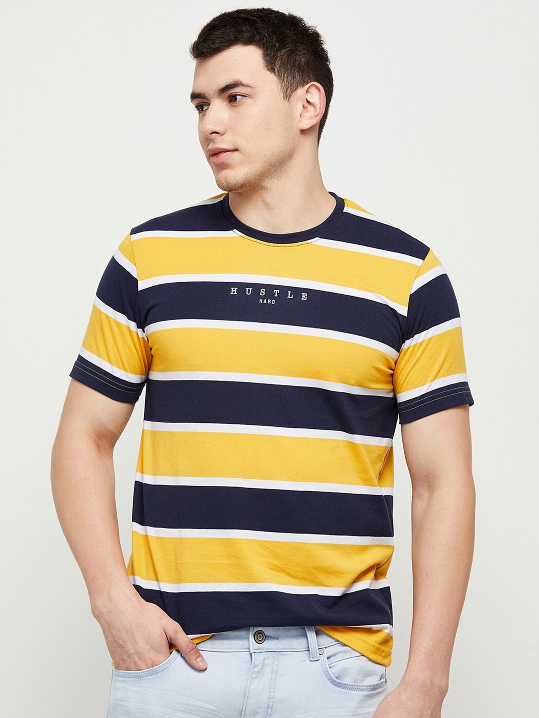 

max Men Yellow & Navy Blue Striped T-shirt