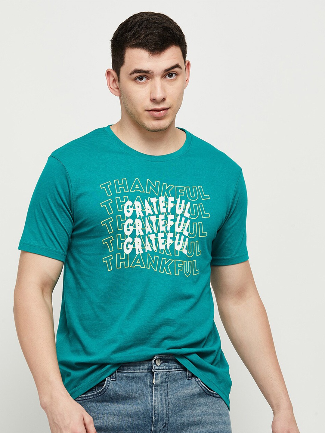 

max Men Teal Green Typography Printed Cotton T-shirt