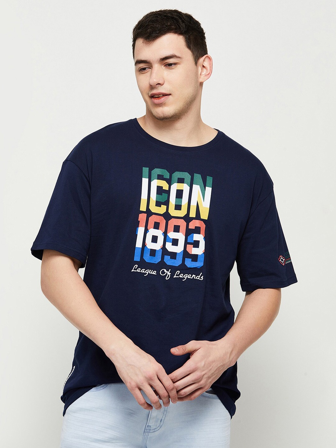 

max Men Navy Blue Typography Printed Cotton T-shirt