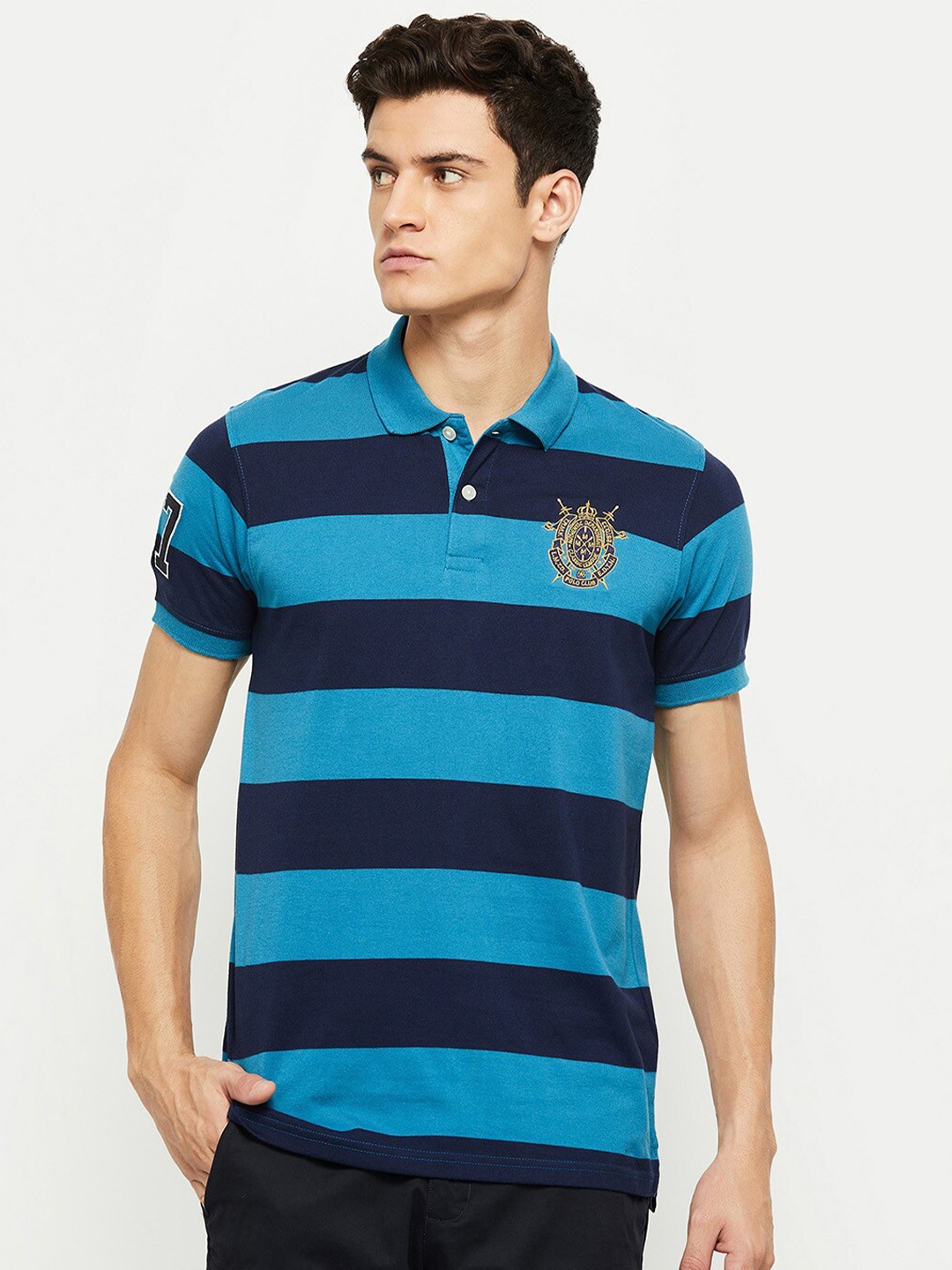 

max Men Blue Striped Polo Collar T-shirt