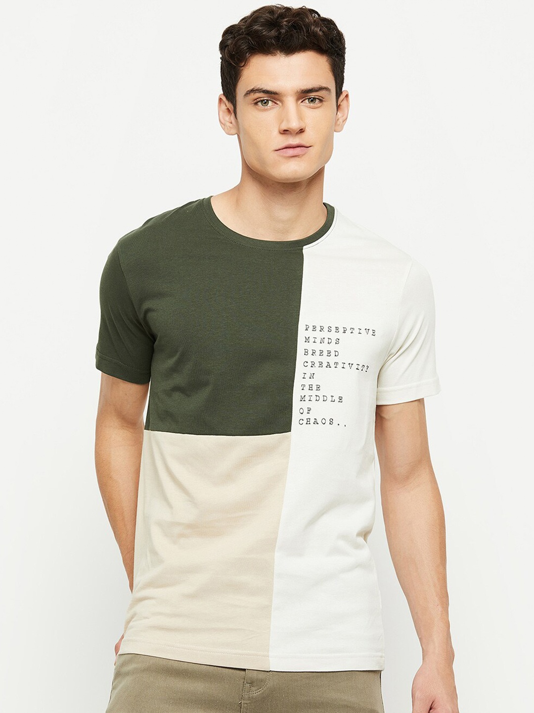 

max Men Olive Green & White Colourblocked Cotton T-shirt