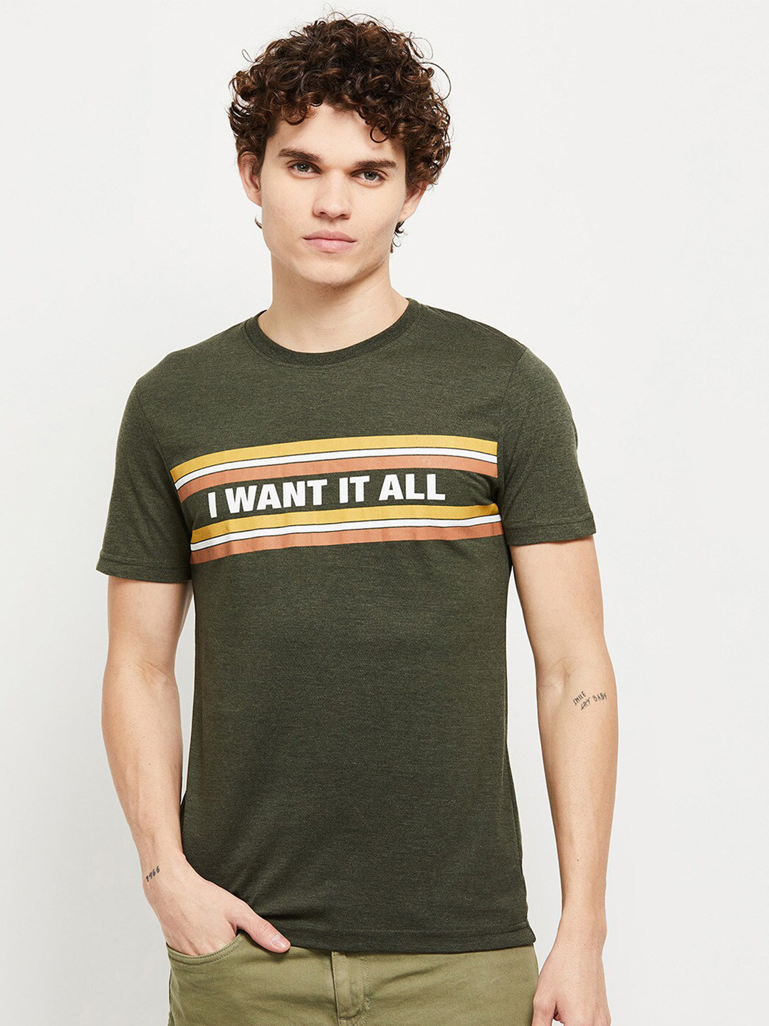 

max Men Green Typography Printed T-shirt