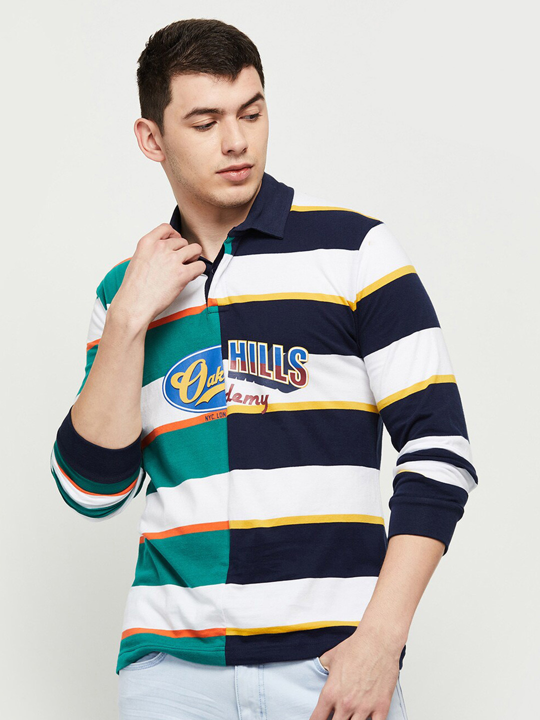 

max Men Blue Striped Polo Collar Cotton T-shirt