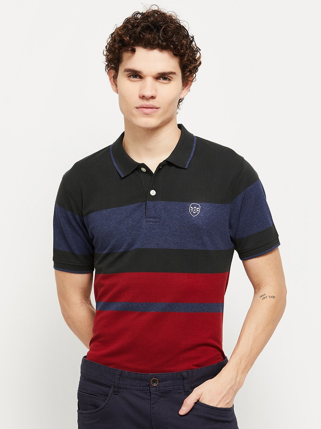 max Men Green & Red Striped Polo Collar T-shirt
