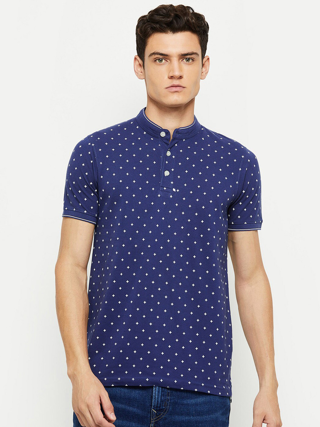 

max Men Blue Printed Mandarin Collar T-shirt