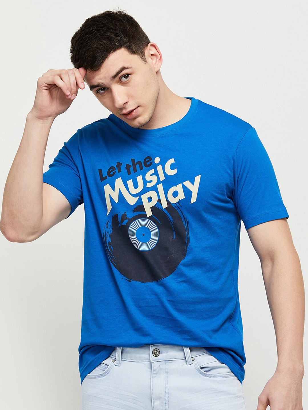

max Men Blue Printed Cotton T-shirt