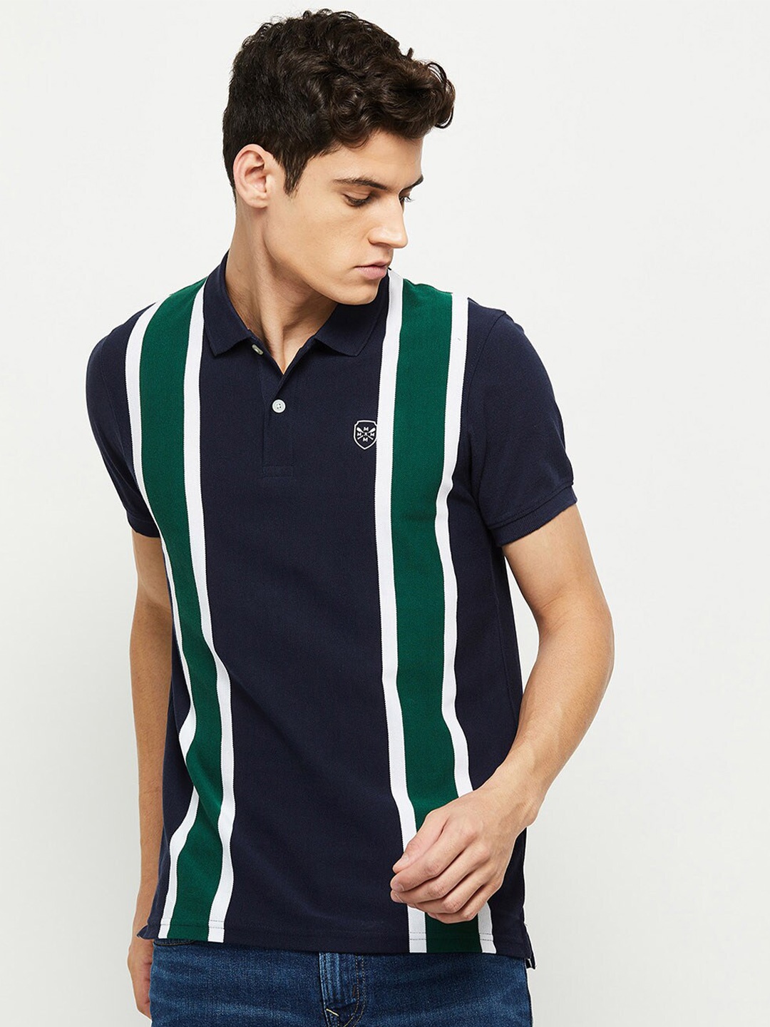 

max Men Blue Striped Polo Collar T-shirt