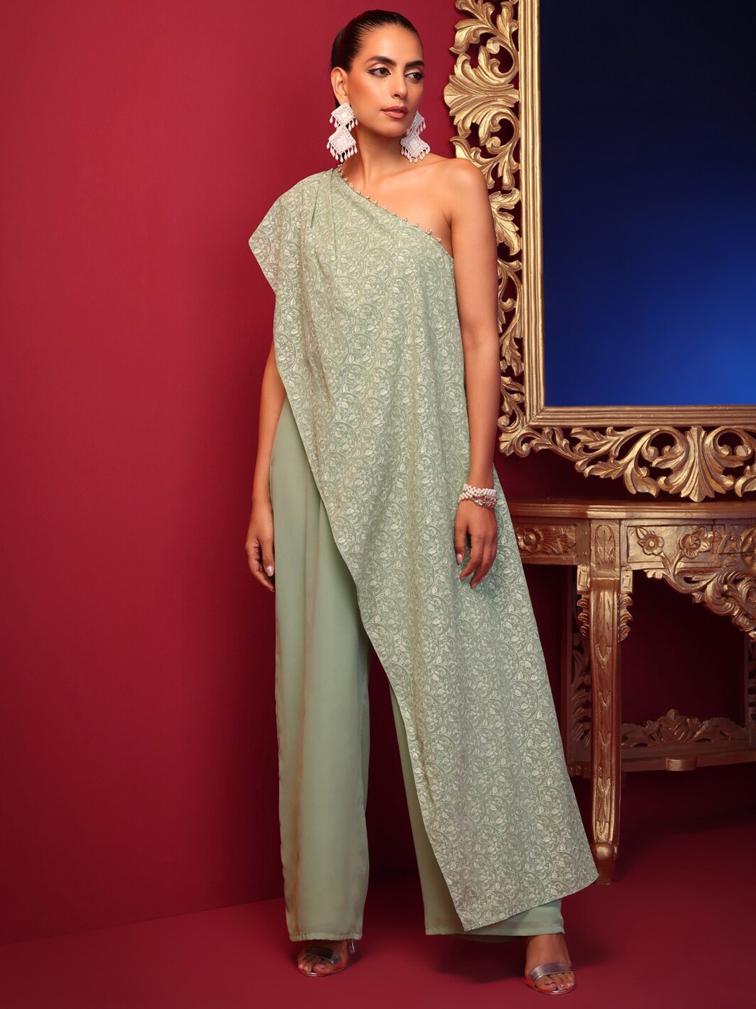 

INDYA X ASHISH SONI Women Green Floral Foil Draped Jumpsuit
