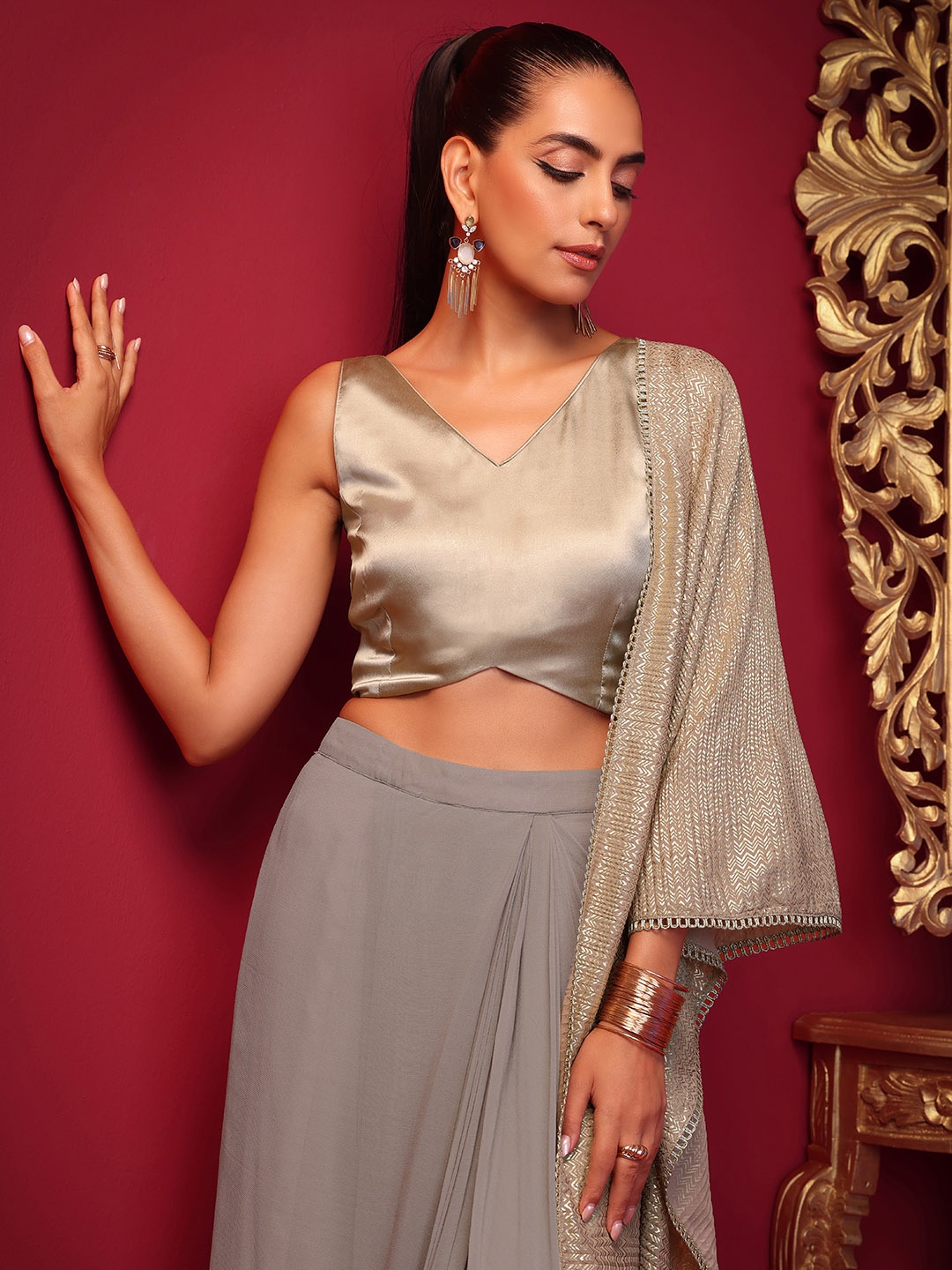 

INDYA X ASHISH SONI Women Champagne Satin Crop Top