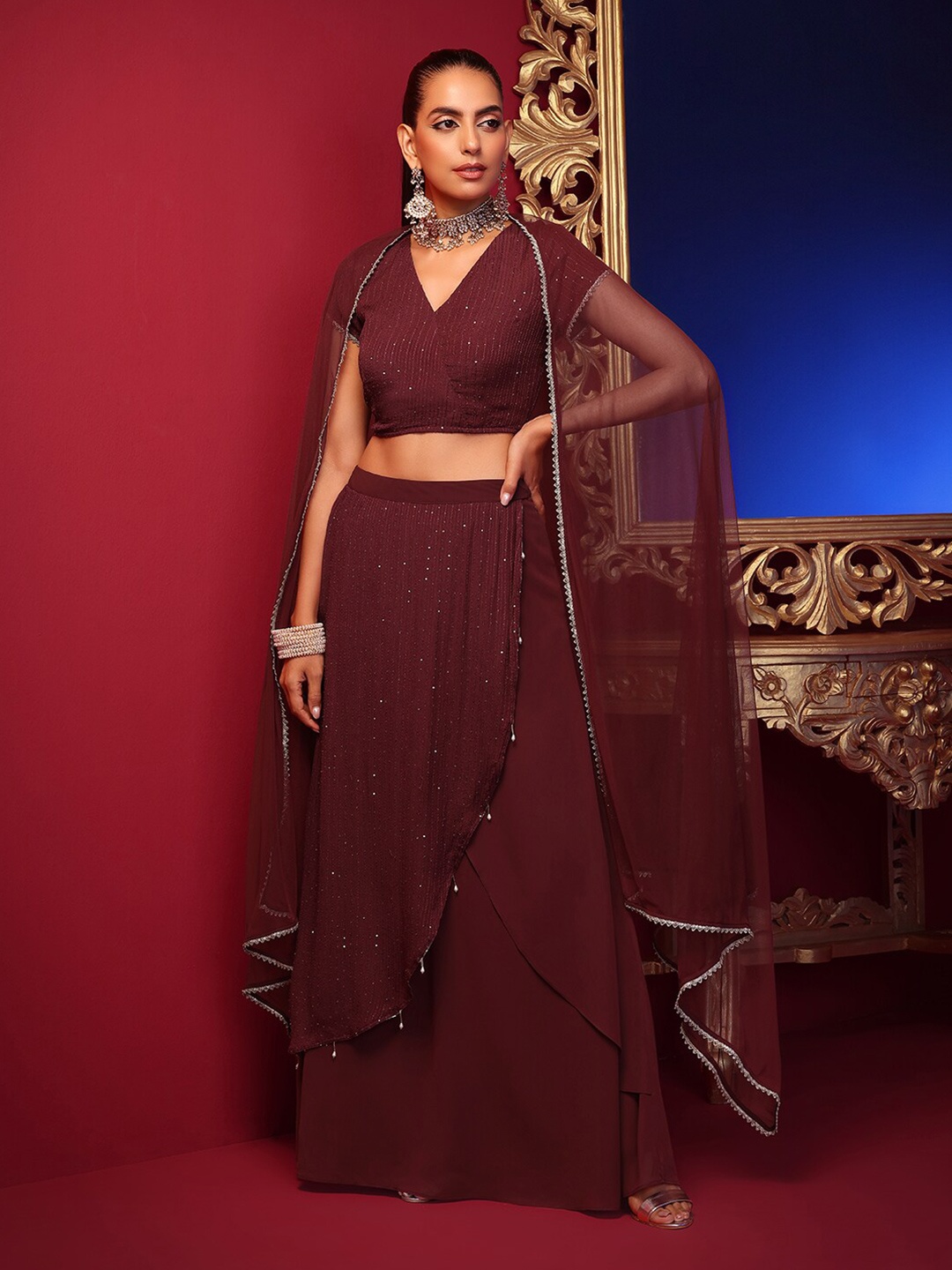 

INDYA X ASHISH SONI Maroon Mesh Pearl Lace Dupatta
