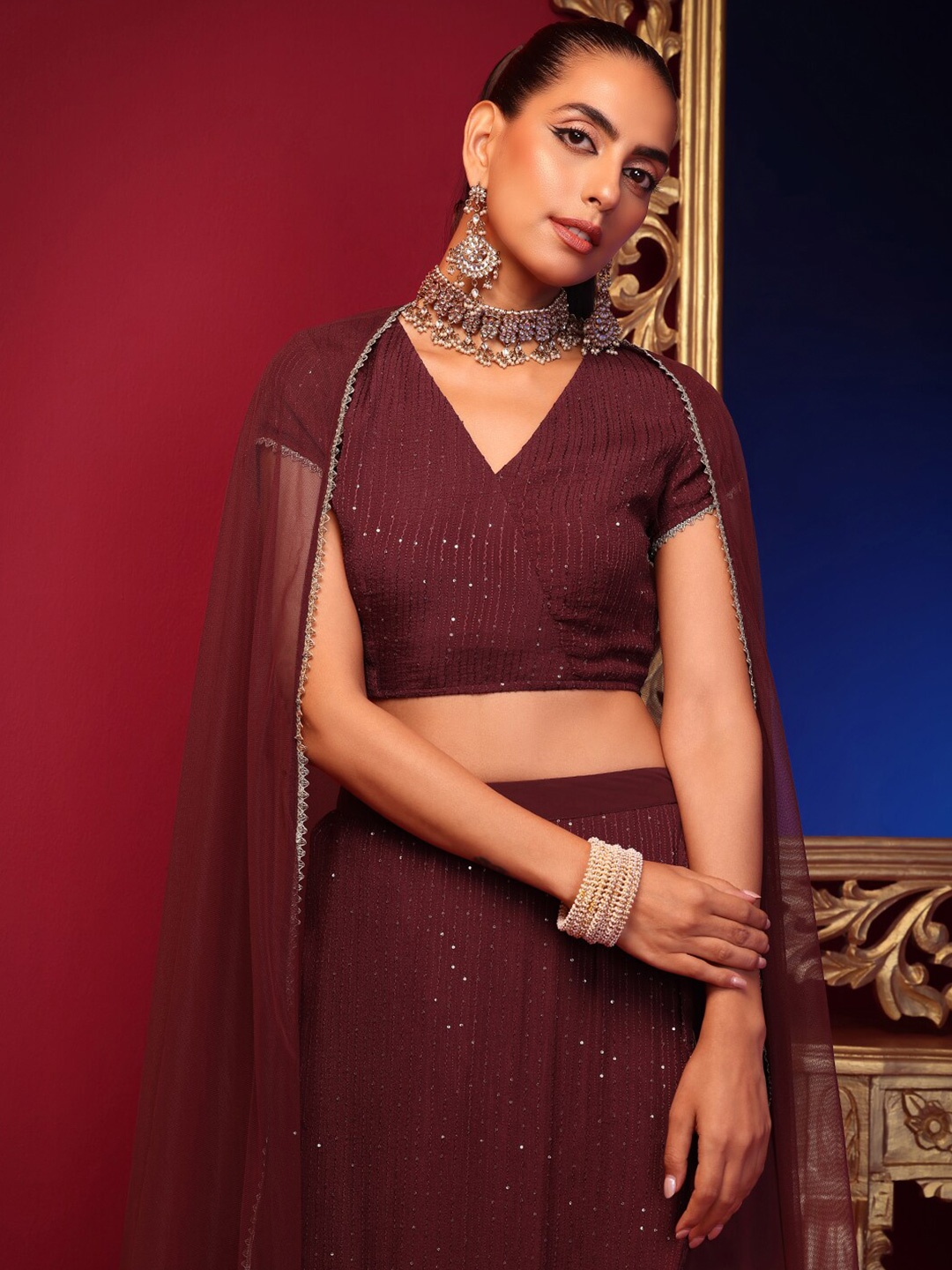 

Rang by Indya X ASHISH SONI Maroon Georgette Sequin Embroidered Crop Top