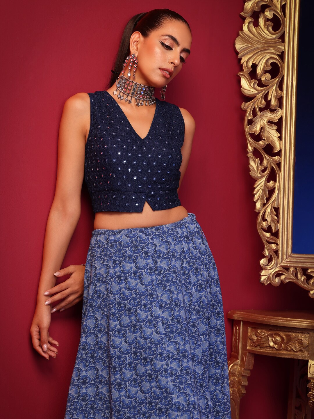 

INDYA X ASHISH SONI Women Navy Blue Mirror Embroidered Crop Top