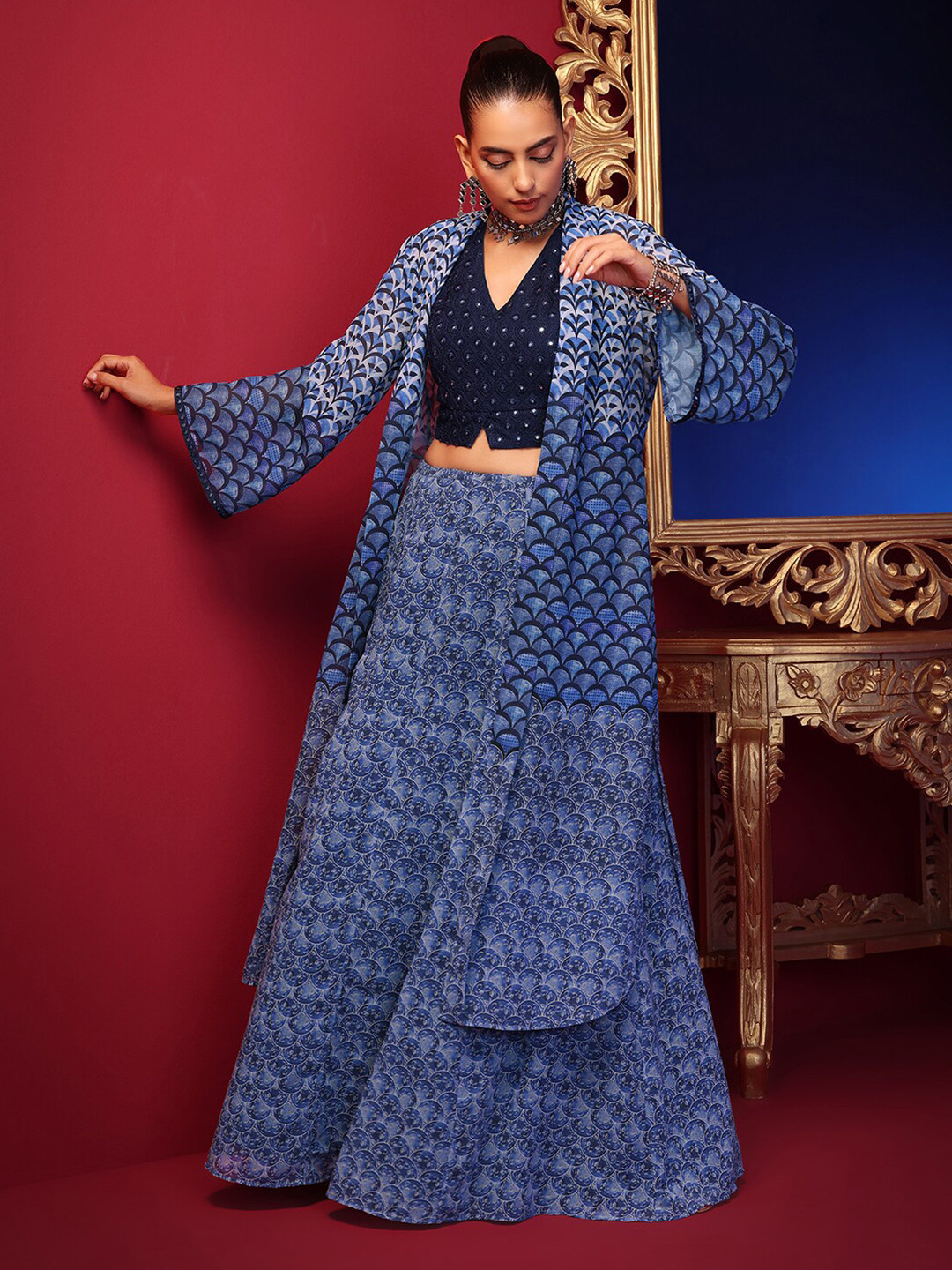 

INDYA X ASHISH SONI Women Blue Printed Ethnic Longline Shrug