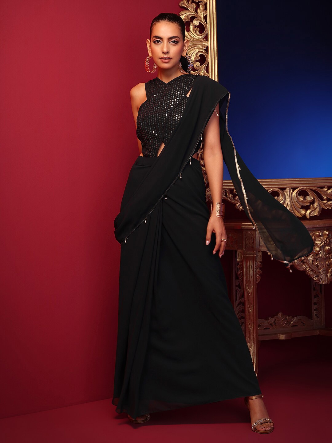 

INDYA X ASHISH SONI Women Navy Blue Zari Sequin Embellished Pre-Stitched Saree