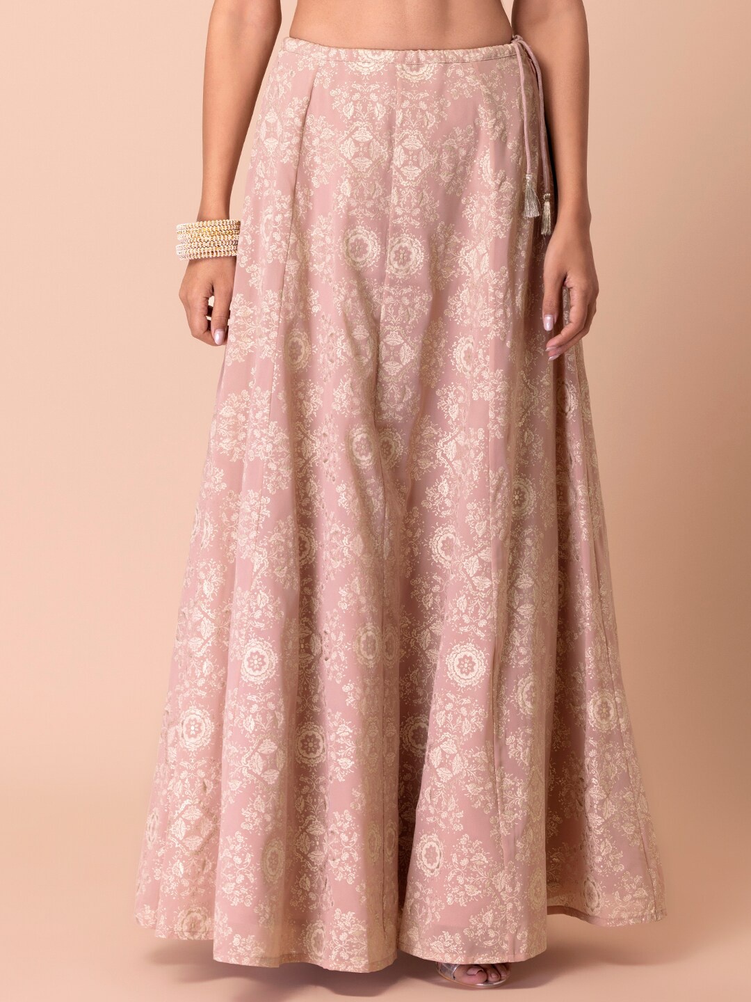 

INDYA X ASHISH SONI Women Pink Floral Foil Printed Maxi Flared Lehenga Skirt