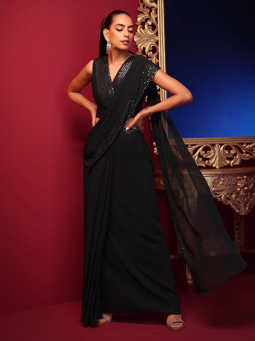 

INDYA X ASHISH SONI Black Sequin Embroidered Pre-Stitched Saree