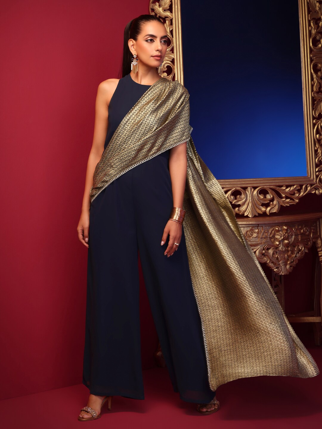 

INDYA X ASHISH SONI Navy Blue & Gold-Toned Pleated Foil Draped Basic Jumpsuit