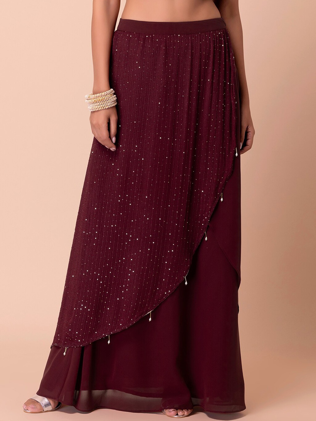

Rang by Indya X ASHISH SONI Women Maroon Printed Sequin Layered Maxi Skirt