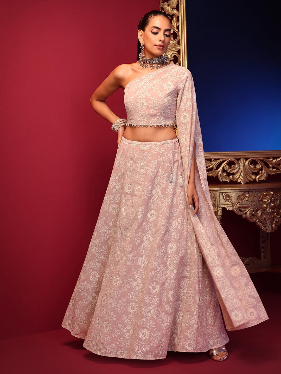 

INDYA X ASHISH SONI Pink Georgette Blush Foil One Shoulder Crop Top