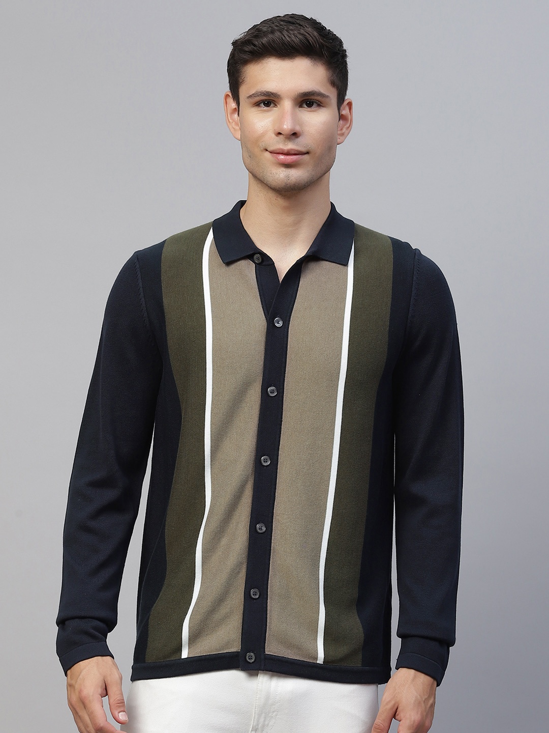 

Marks & Spencer Men Navy Blue & Green Cotton Modal Striped Shirt Style Cardigan