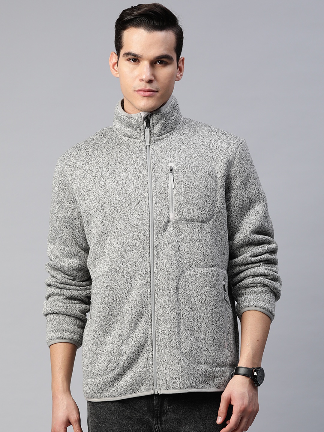 

Marks & Spencer Fleece Lined Mock Collar Knitted Tailored Jacket, Grey melange