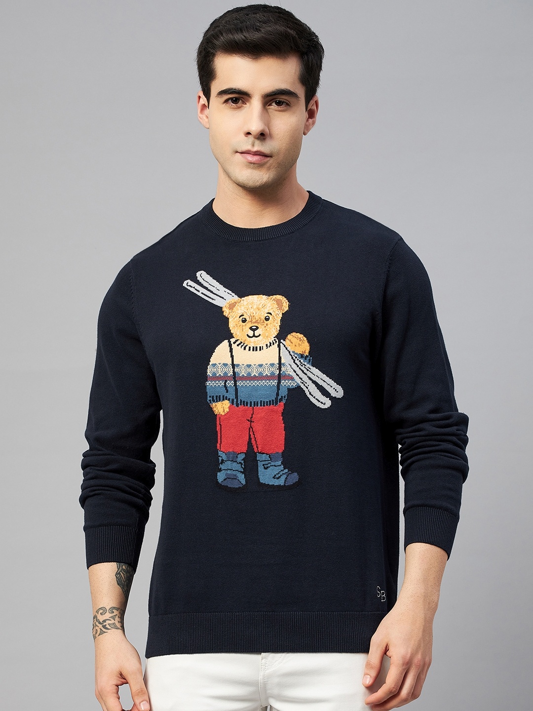 

Marks & Spencer Men Navy Blue Quirky Self Design Pure Cotton Pullover