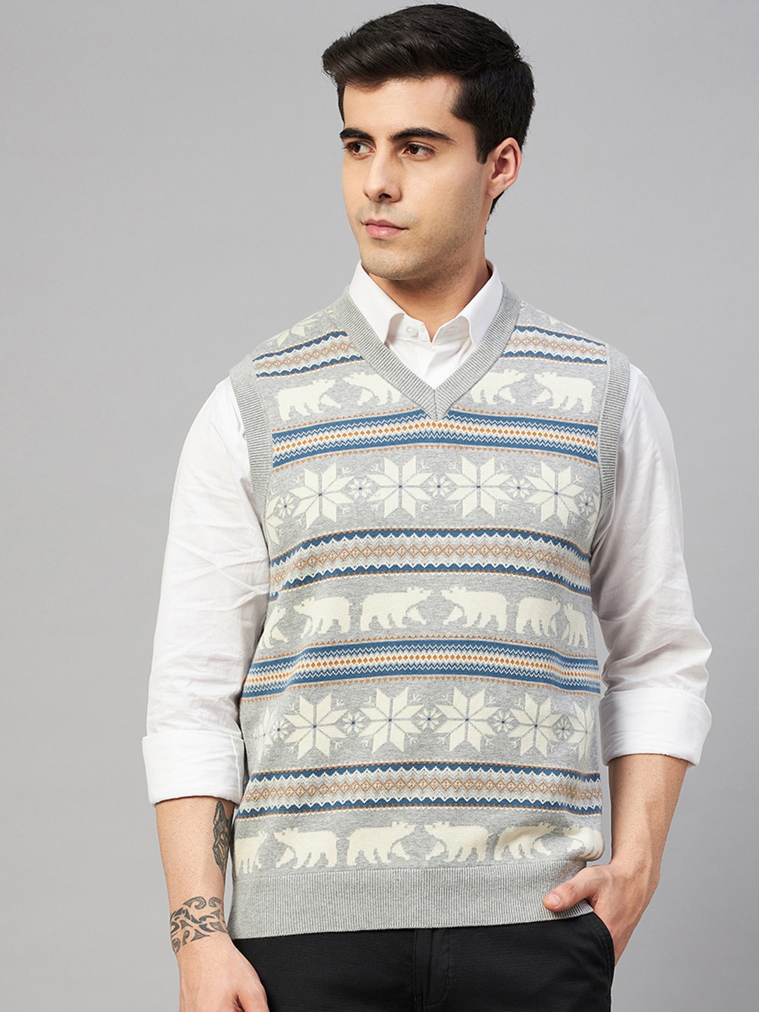 

Marks & Spencer Men Grey Fair Isle Self Design Pure Cotton Pullover