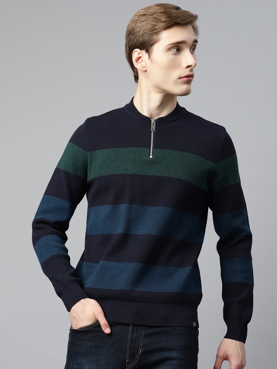 

Marks & Spencer Half Zip Striped Pullover, Blue